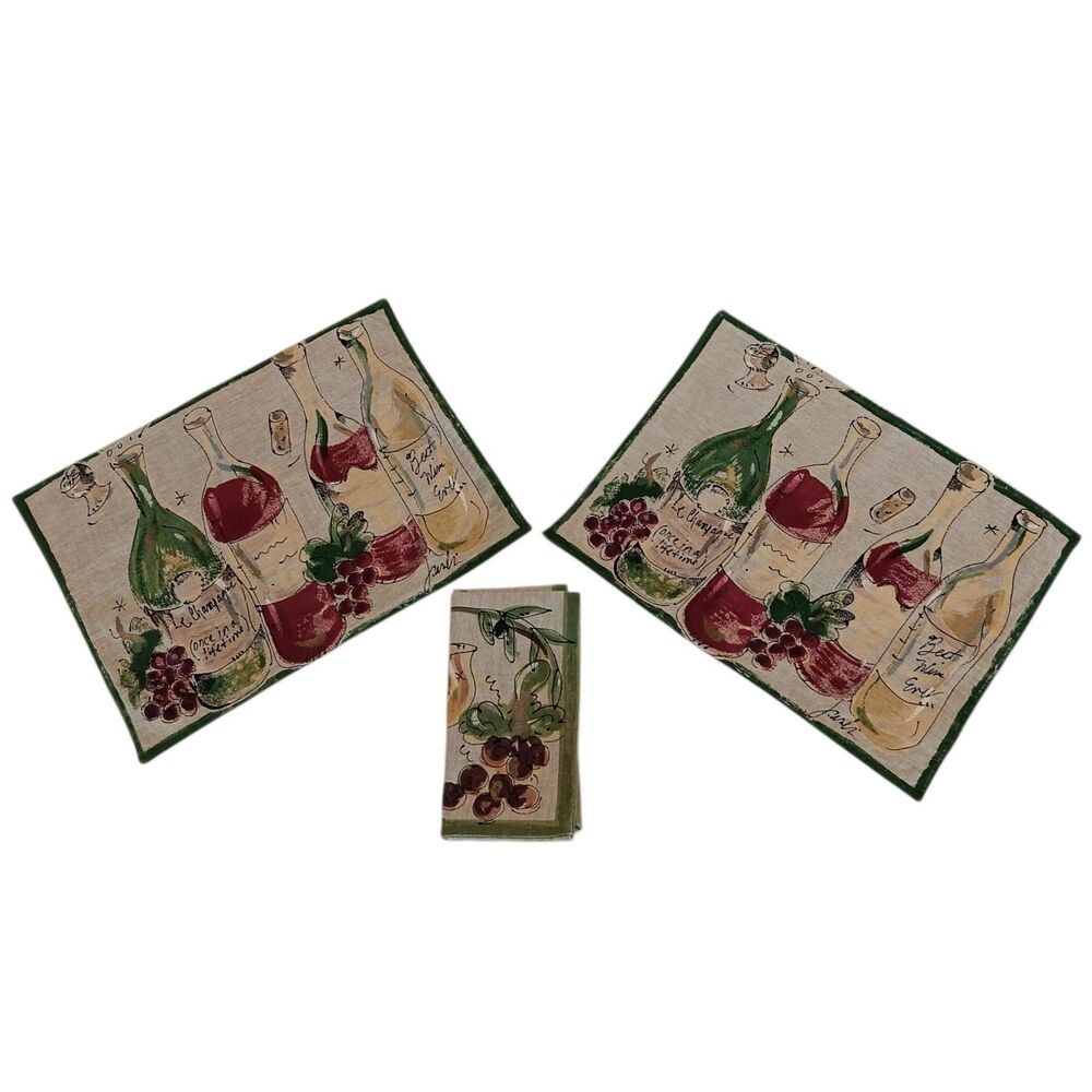 2 Wine Themed Placemats & 1 Napkin Or Bread Liner By Julia Junkin Cotton Vintage